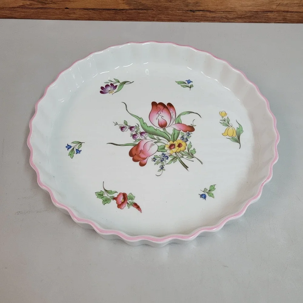 Spode Marlborough Sprays Oven to Tableware Tart Quiche Pie Dish‎ Floral Pink Rim